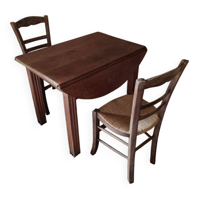 Petite table de ferme + 2 chaises en paille vintage