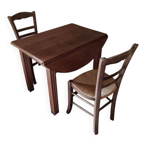 Petite table de ferme + 2 chaises en paille vintage
