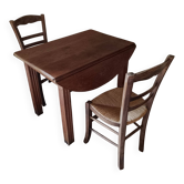Petite table de ferme + 2 chaises en paille vintage