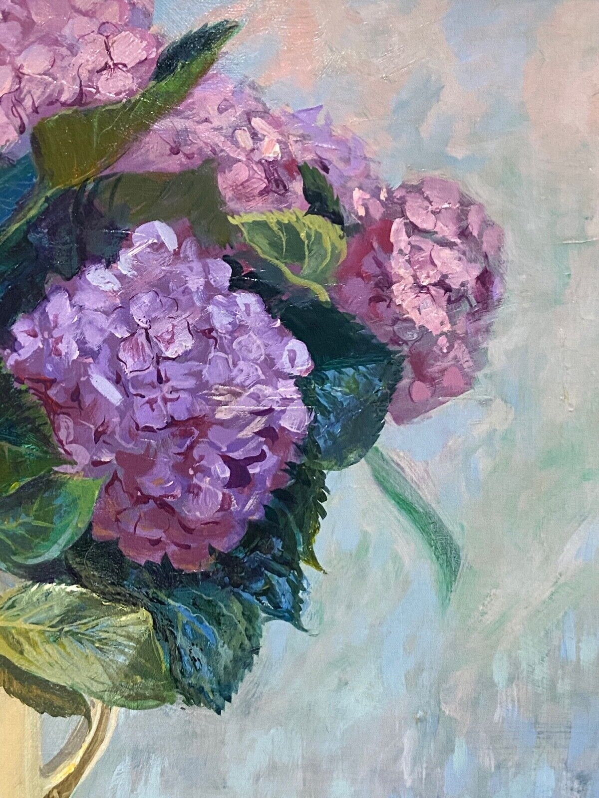 Huile sur toile par maurice masselin bouquet de fleurs d'hortensias 1989