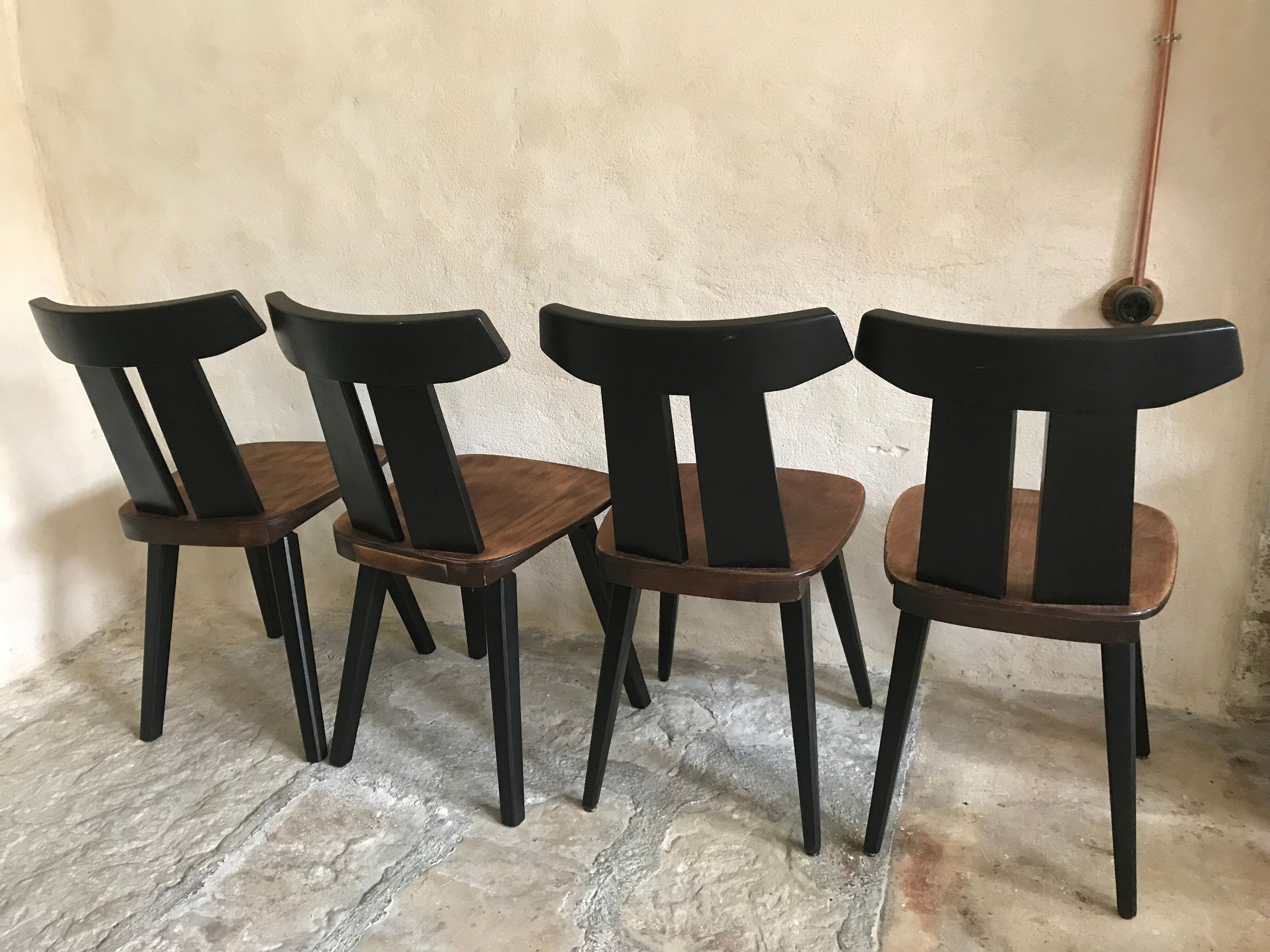 Set of 4 vintage brutalist chairs in beech 1960's