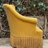 Fauteuil crapaud vintage jaune moutarde velours floqué