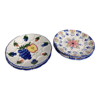 Lot de 6 assiettes à desserts en céramique peintes à la main décor fruits et fleurs vintage