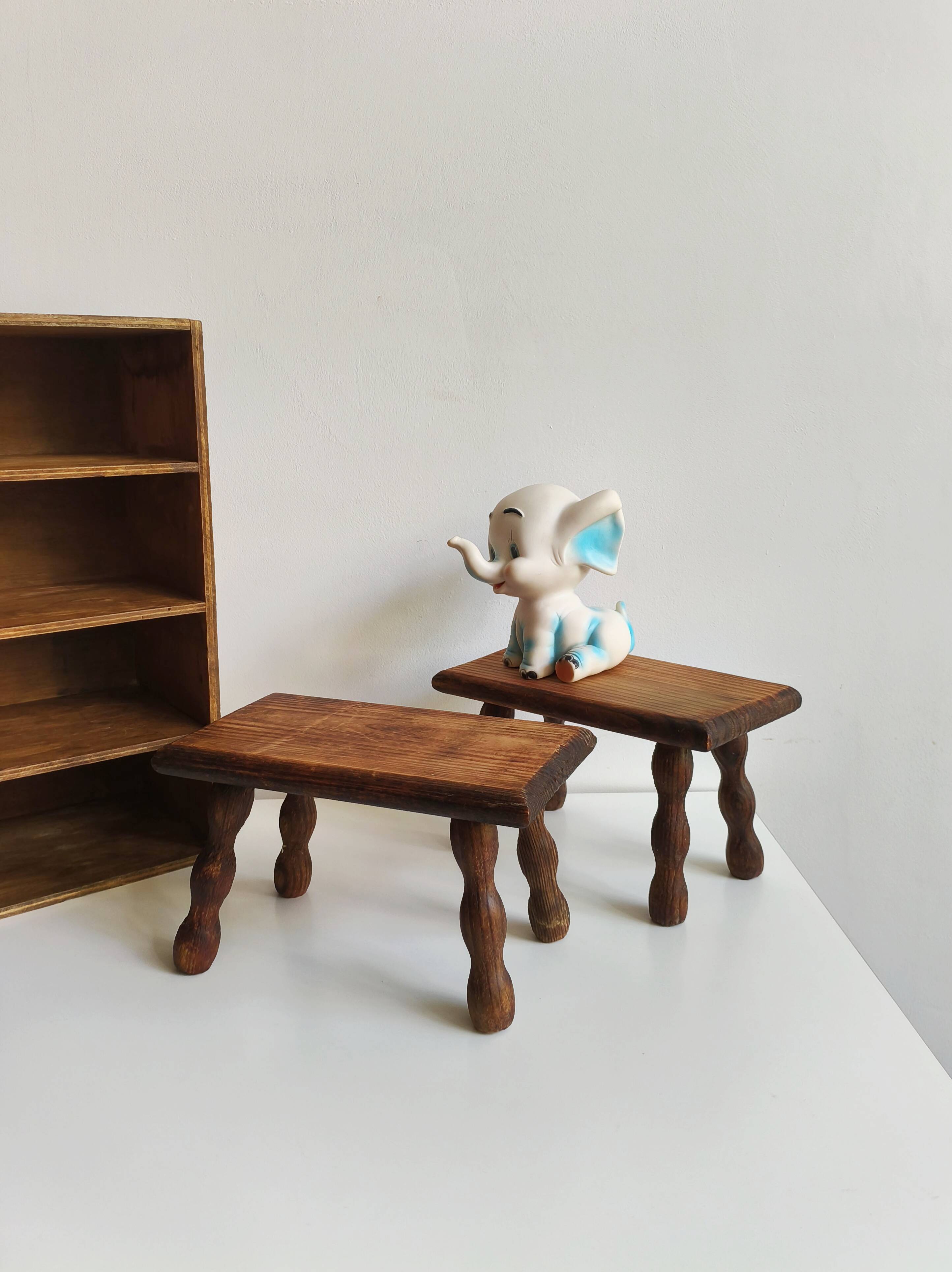 Pair of stools, footrests in solid turned wood