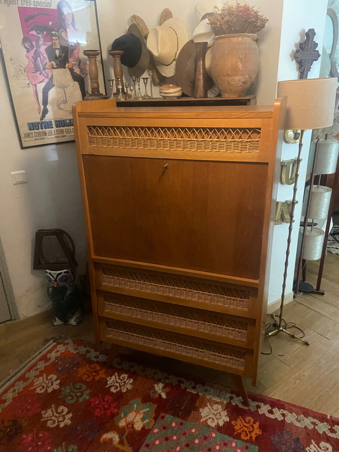 Vintage wooden and rattan secretary
