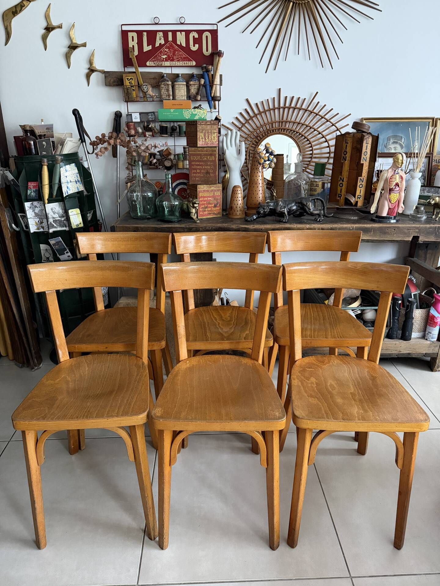 Set of 6 vintage wooden bistro chairs by Baumann