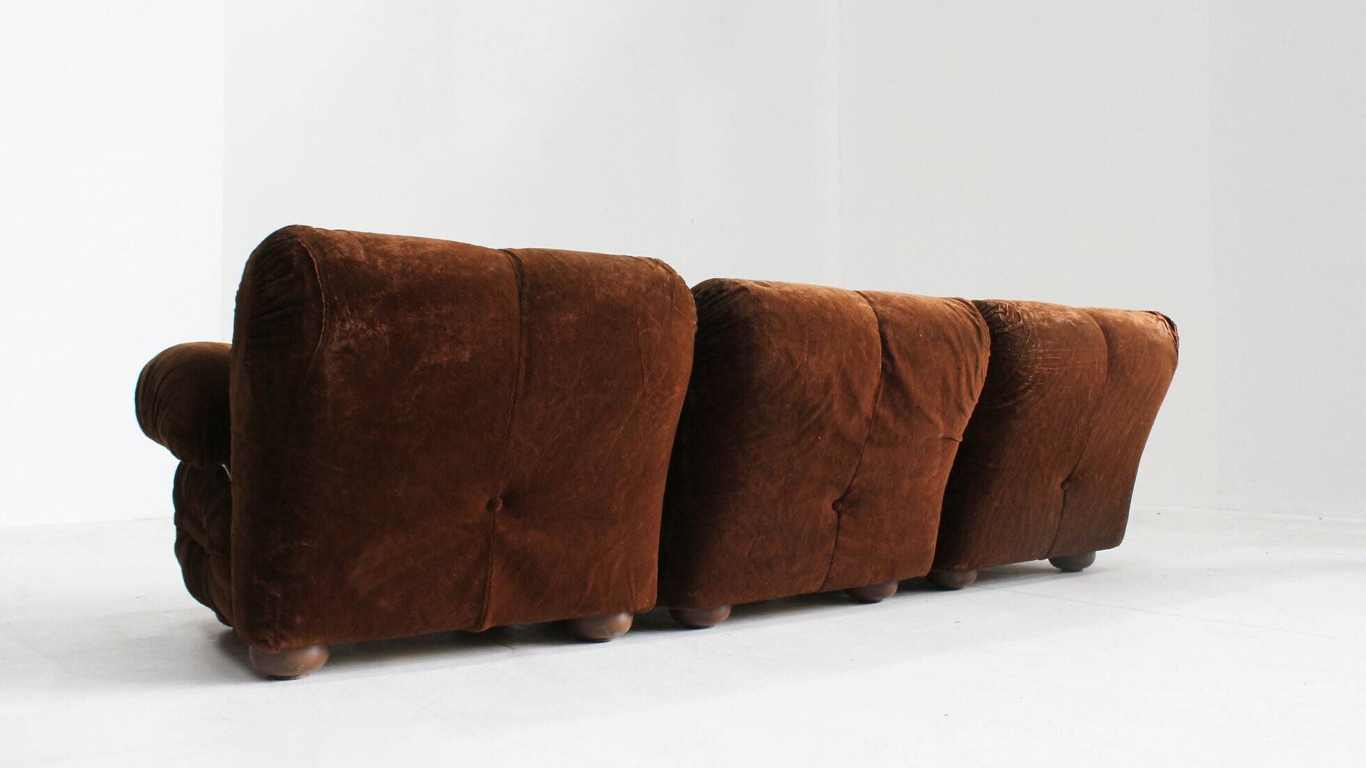 Vintage modular sofa brown velvet and chrome Italy 1970s