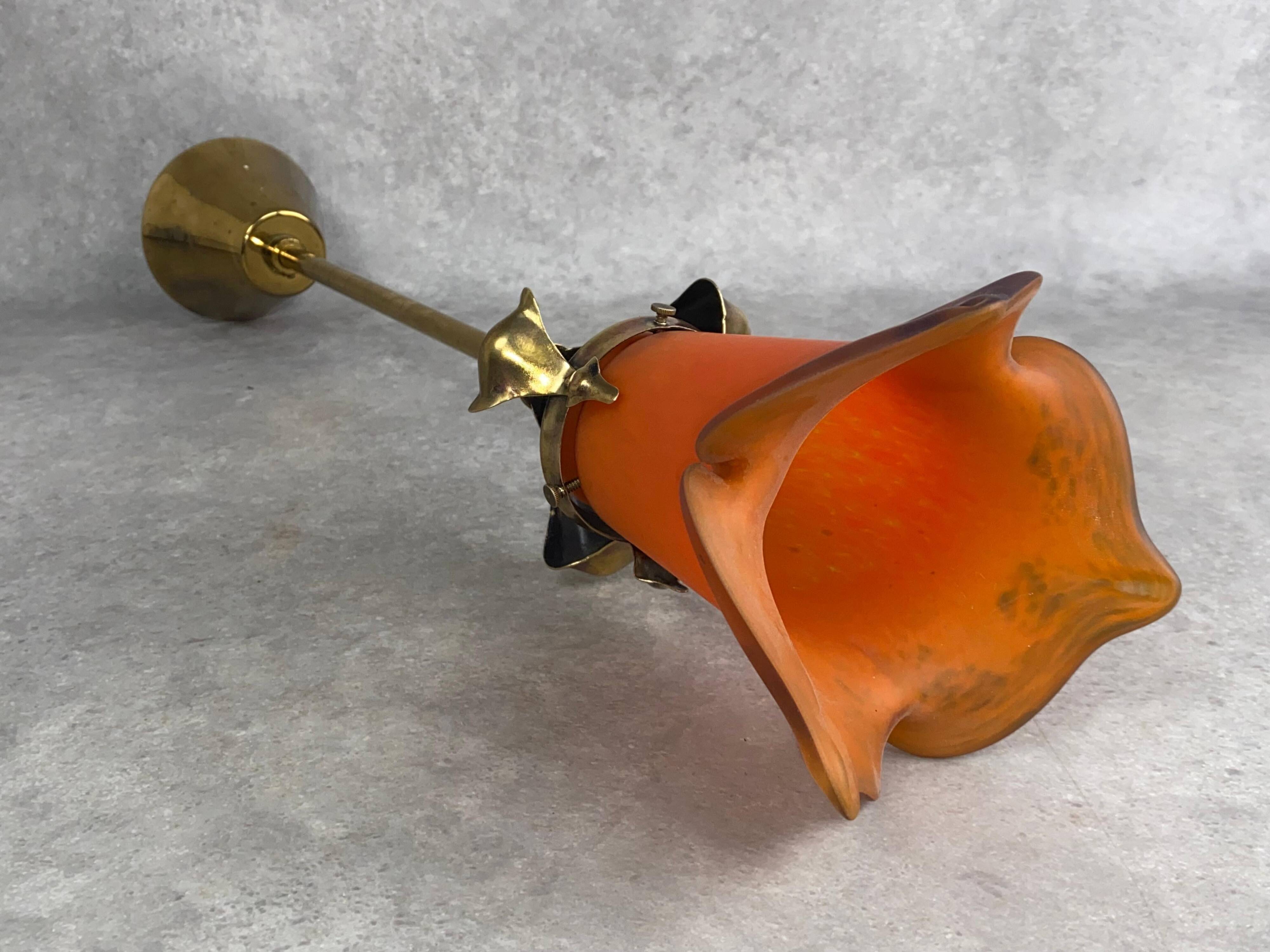 Suspended Jugendstil lamp with orange shade by Muller Frères