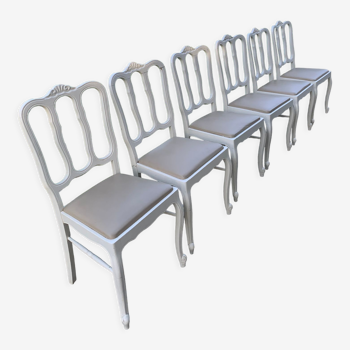 Set of 6 chairs solid wood painted white with light gray leather