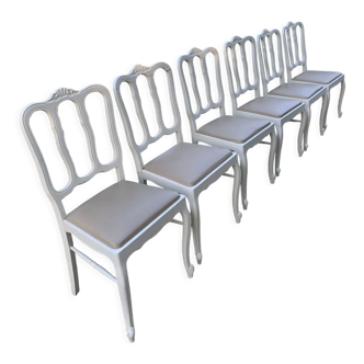 Lot de 6 chaises bois massif peint blanc avec cuir gris clair