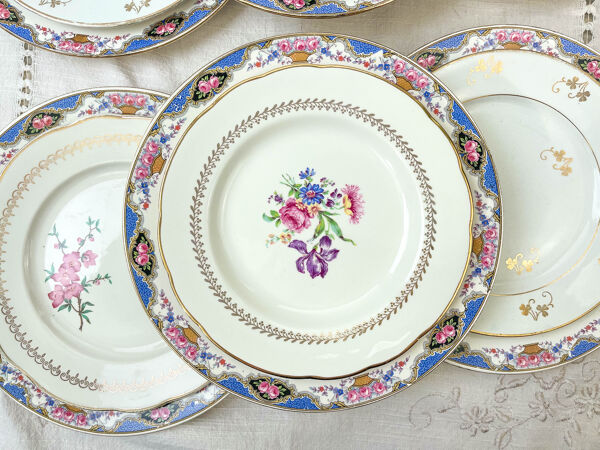 Set de 6 assiettes porcelaine et 6 petites assiettes dépareillées vintage ~ Service de table 6 personnes ~