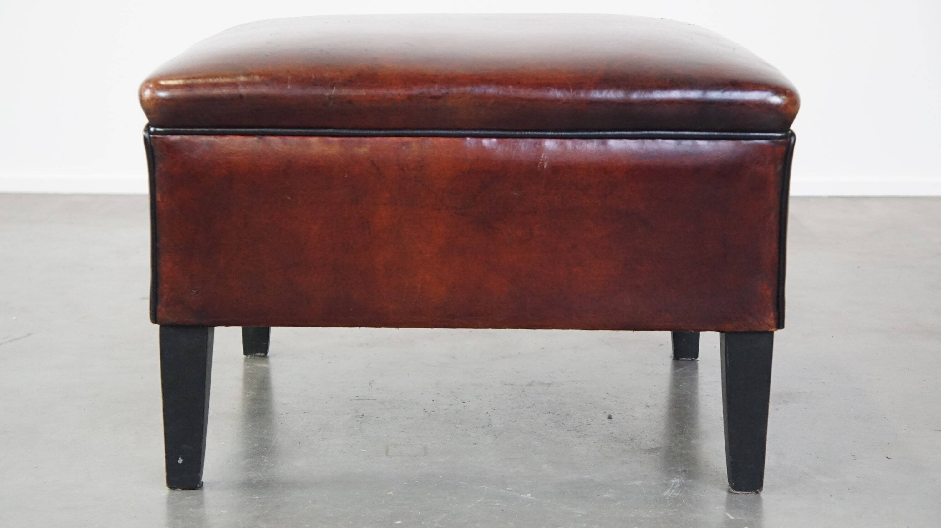 Large square sheepskin leather ottoman with a beautiful patina