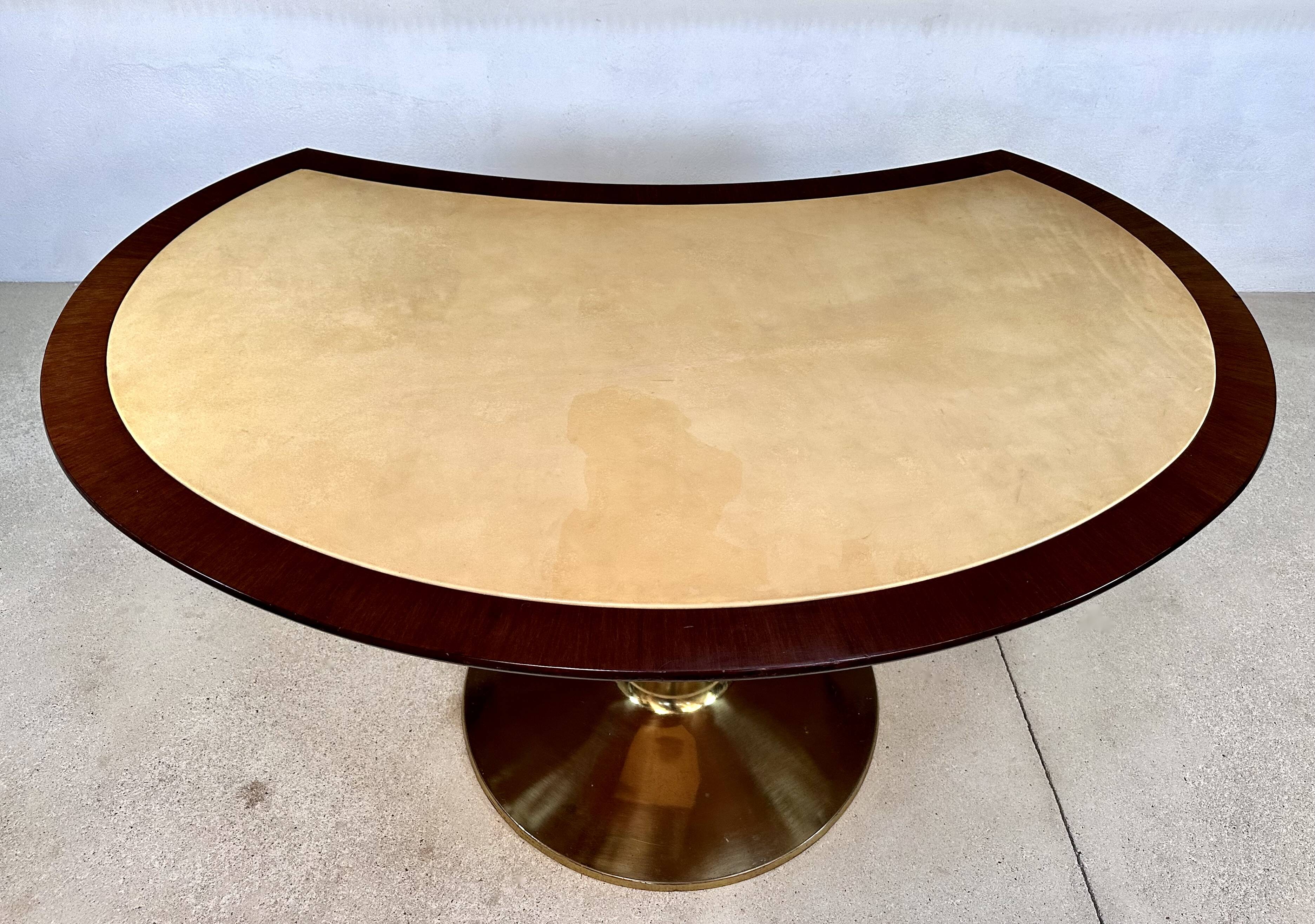 Large Italian Single Column Crescent-Shaped Desk in Goat Skin & Brass 1950s