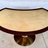 Large Italian Single Column Crescent-Shaped Desk in Goat Skin & Brass 1950s