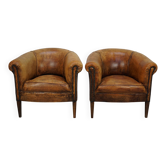 Vintage Dutch Cognac Leather Club Chairs, Set of 2