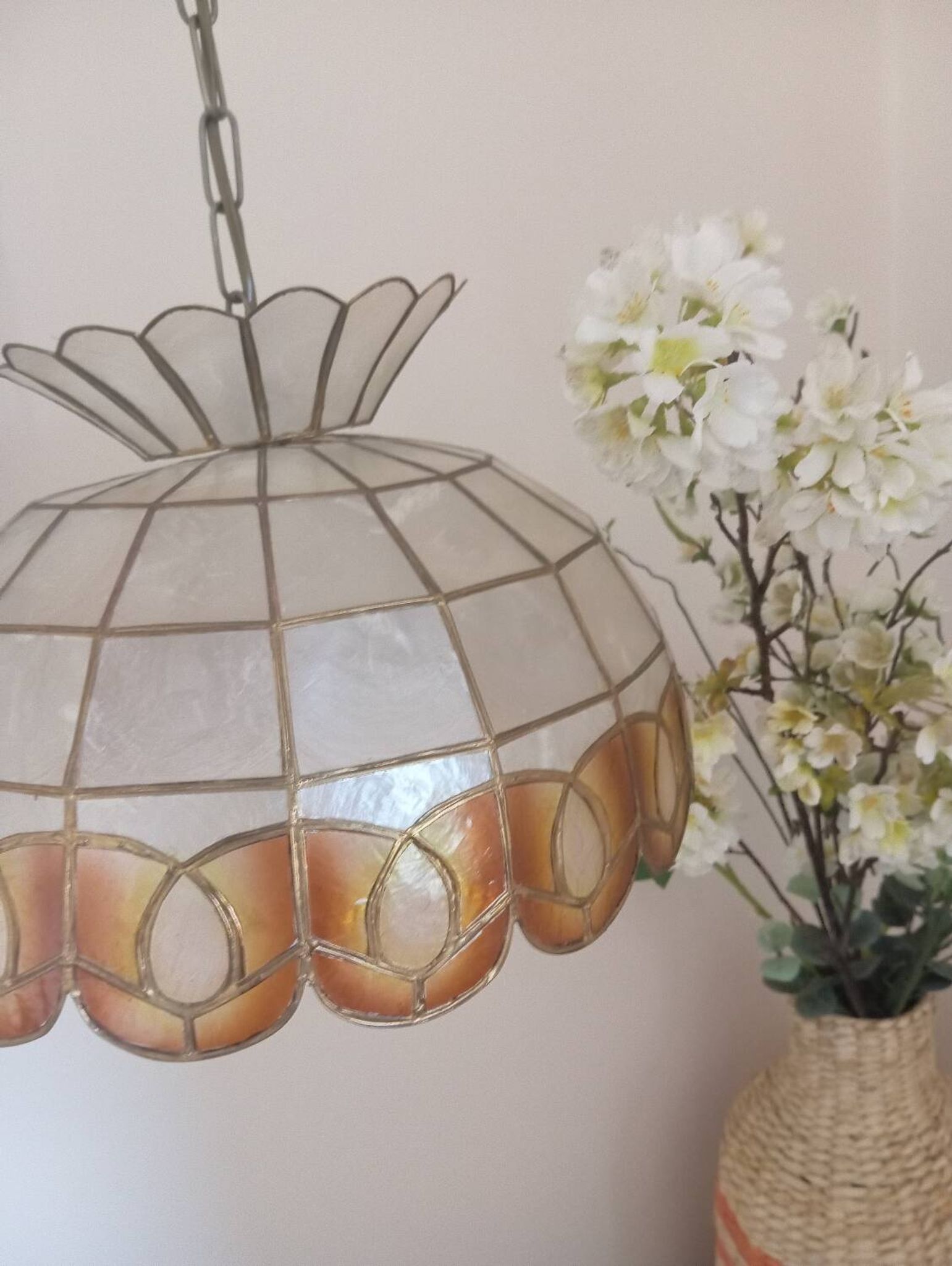 Vintage 1960s/70s mother-of-pearl pendant lampshade with collar