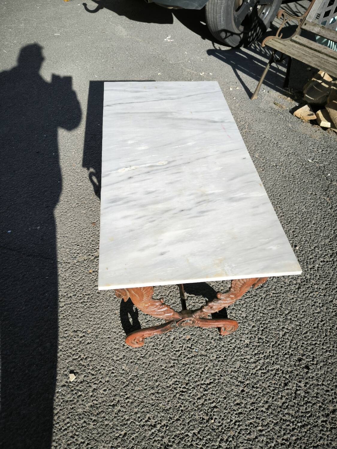 Cast iron and marble swan-neck coffee table