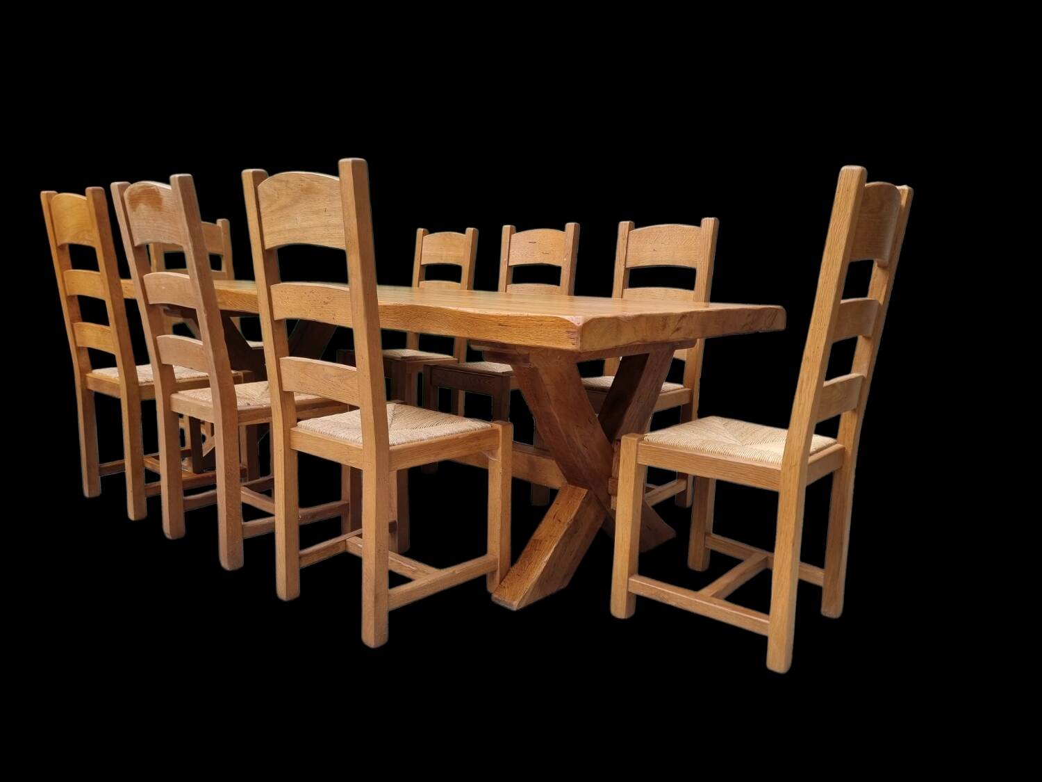 Brutalist farmhouse table with these 8 chairs.