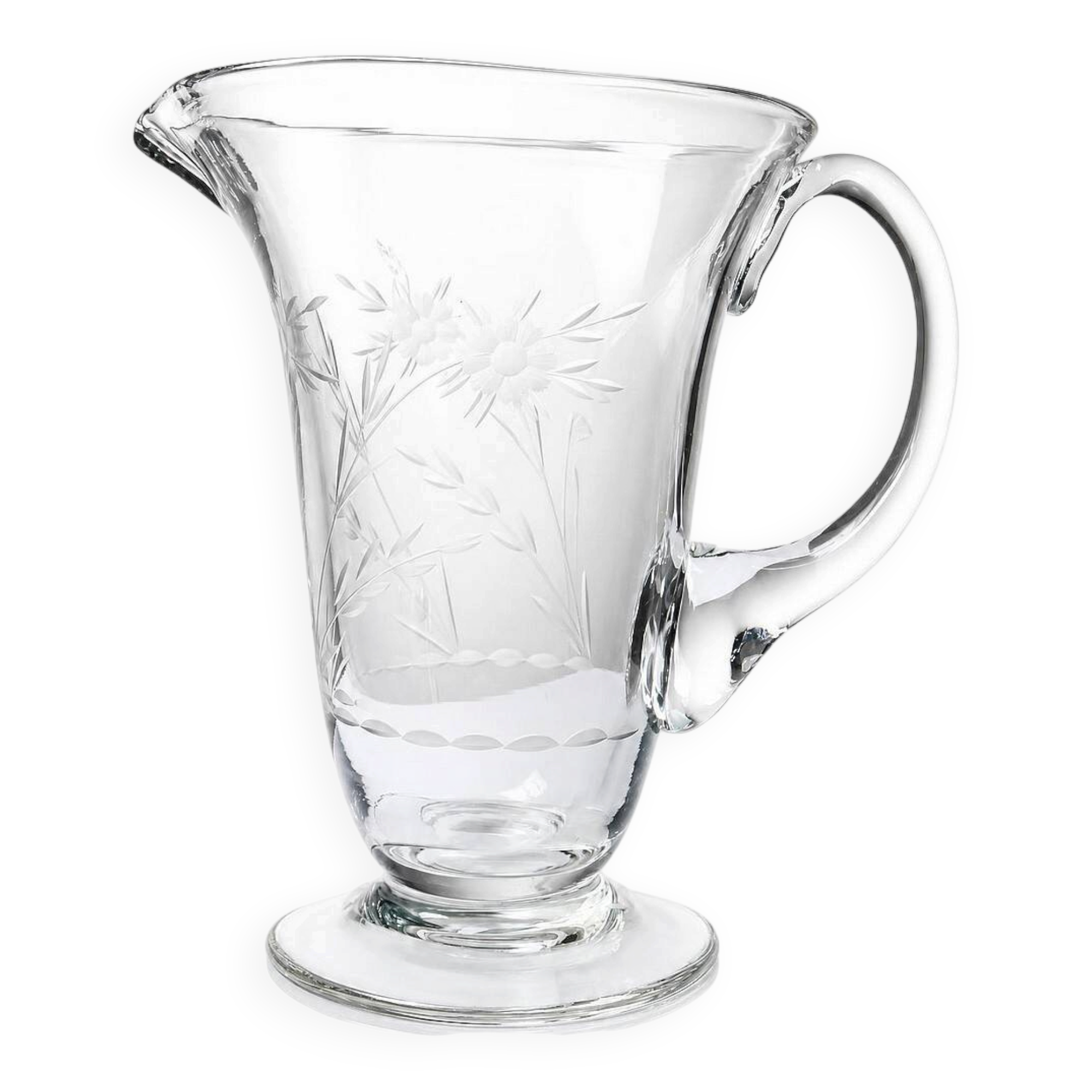 Antique glass pitcher with wheel engraving and floral decoration, Bohemia, early 20th century.