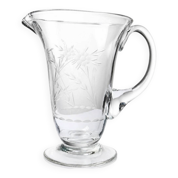 Pichet ancien en verre gravé à la roue décor végétal, Bohême, début XXe