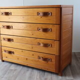 Vintage chest of drawers in solid pine and leather, 1970