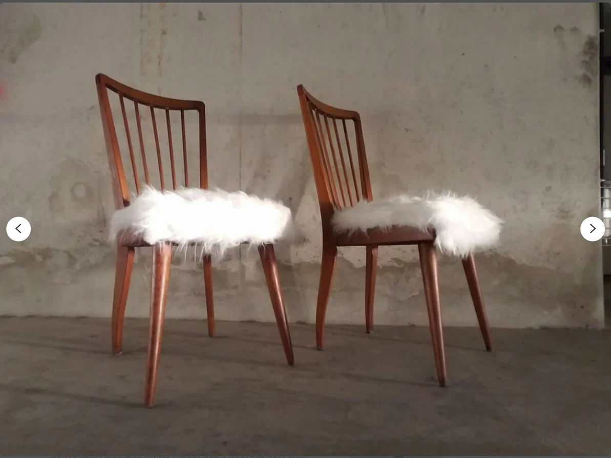 Pair of vintage Scandinavian Hygge chairs in solid wood and synthetic Mongolian sheepskin seat