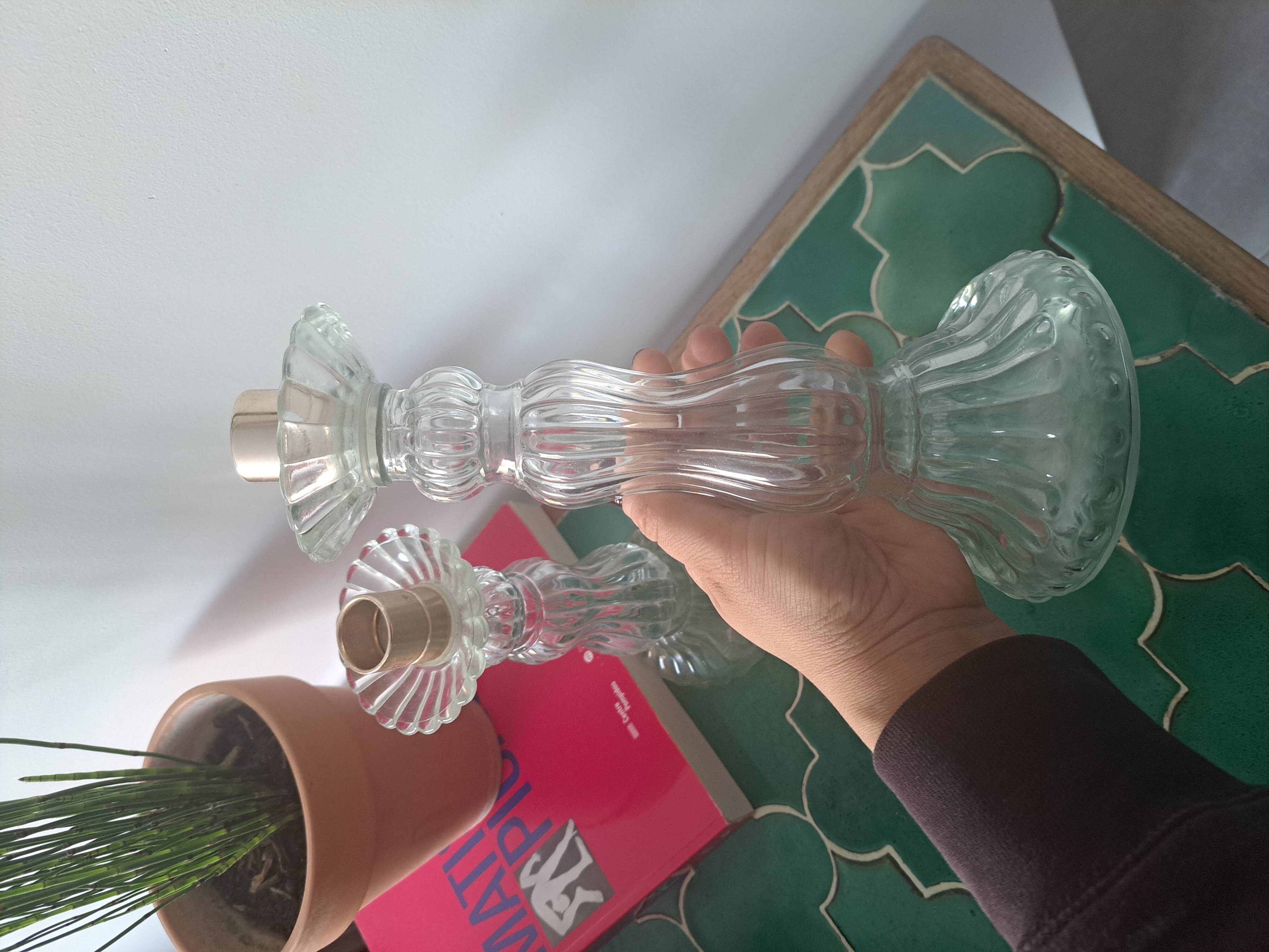 Pair of Roger Gallet glass candle holders