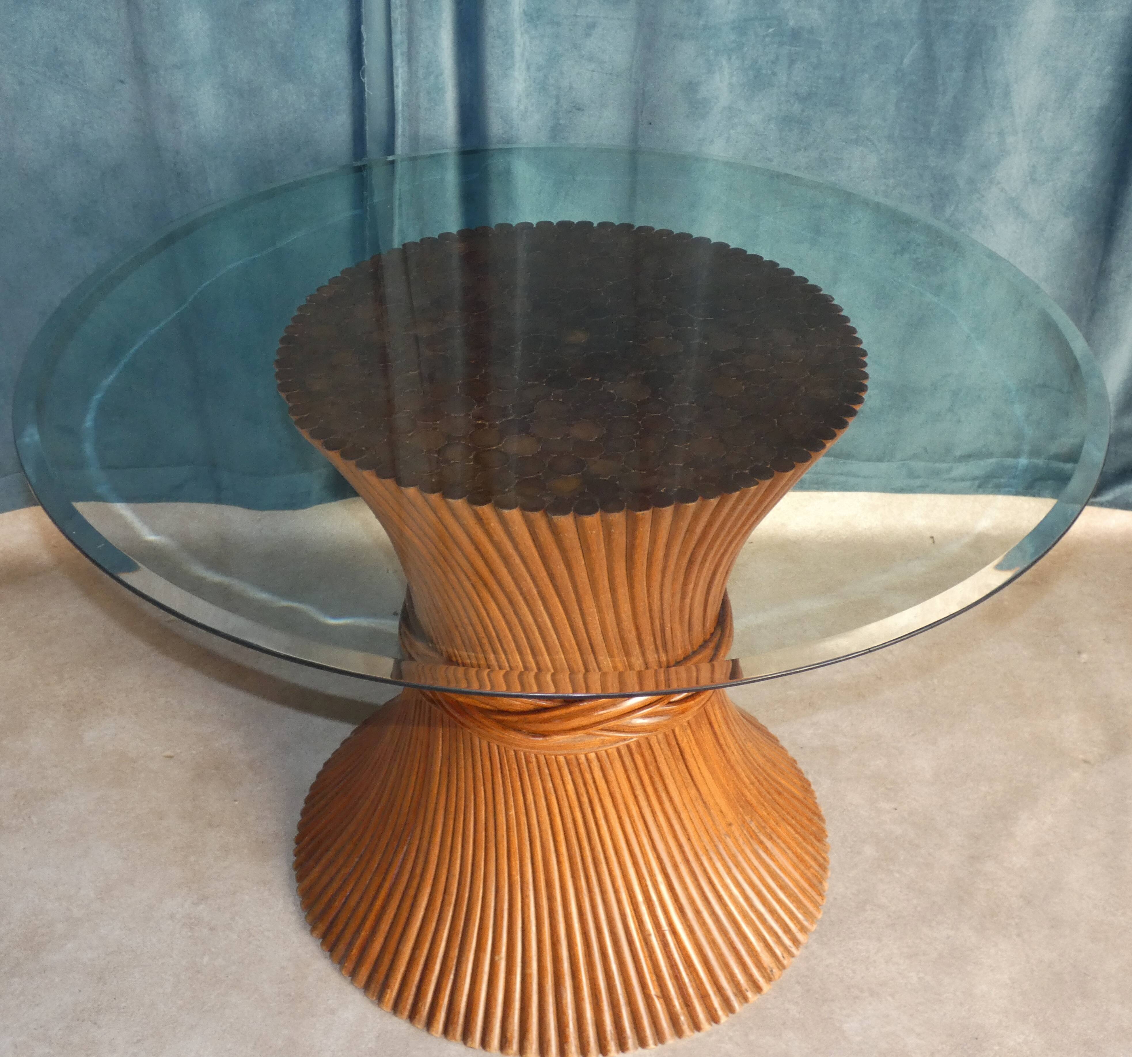 Round Dining Table McGuire Central Foot Bamboo "Wheat Sheaf" / Glass Tray, USA 1970