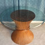 Round Dining Table McGuire Central Foot Bamboo "Wheat Sheaf" / Glass Tray, USA 1970