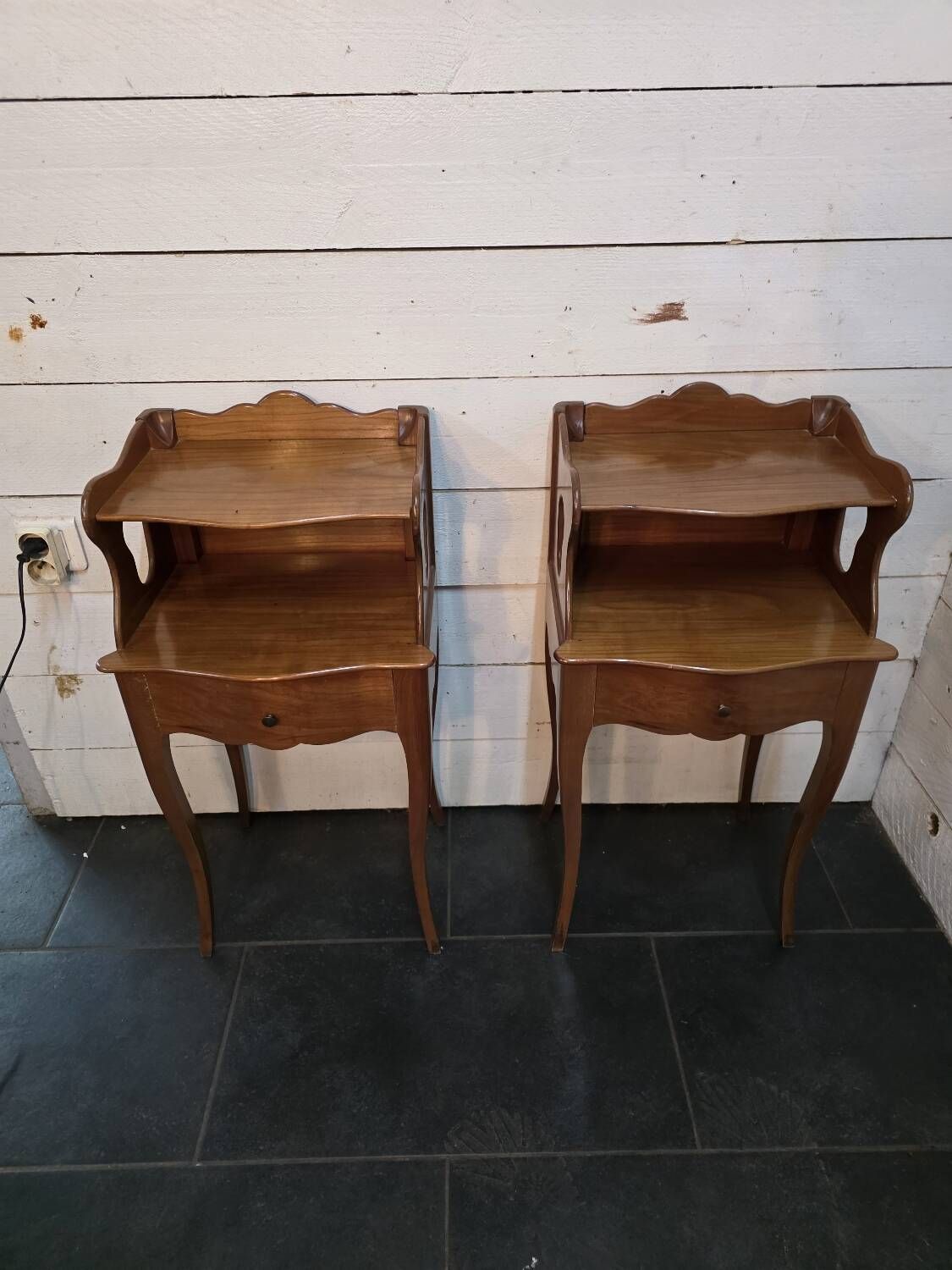 Pair of Louis XV style curved bedside tables in cherry wood