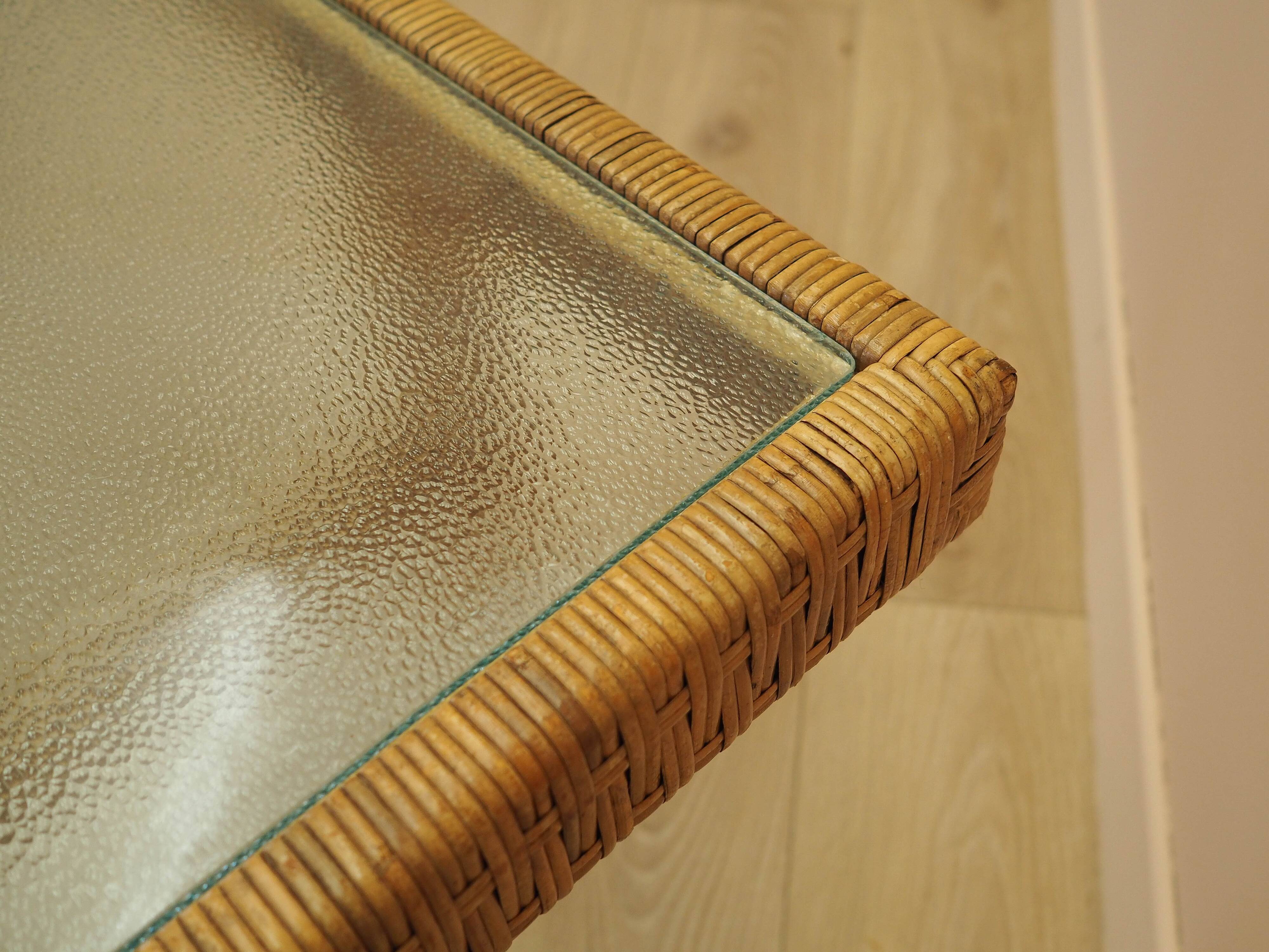 Glass and wicker side table, Danish design, 1970s, made in Denmark