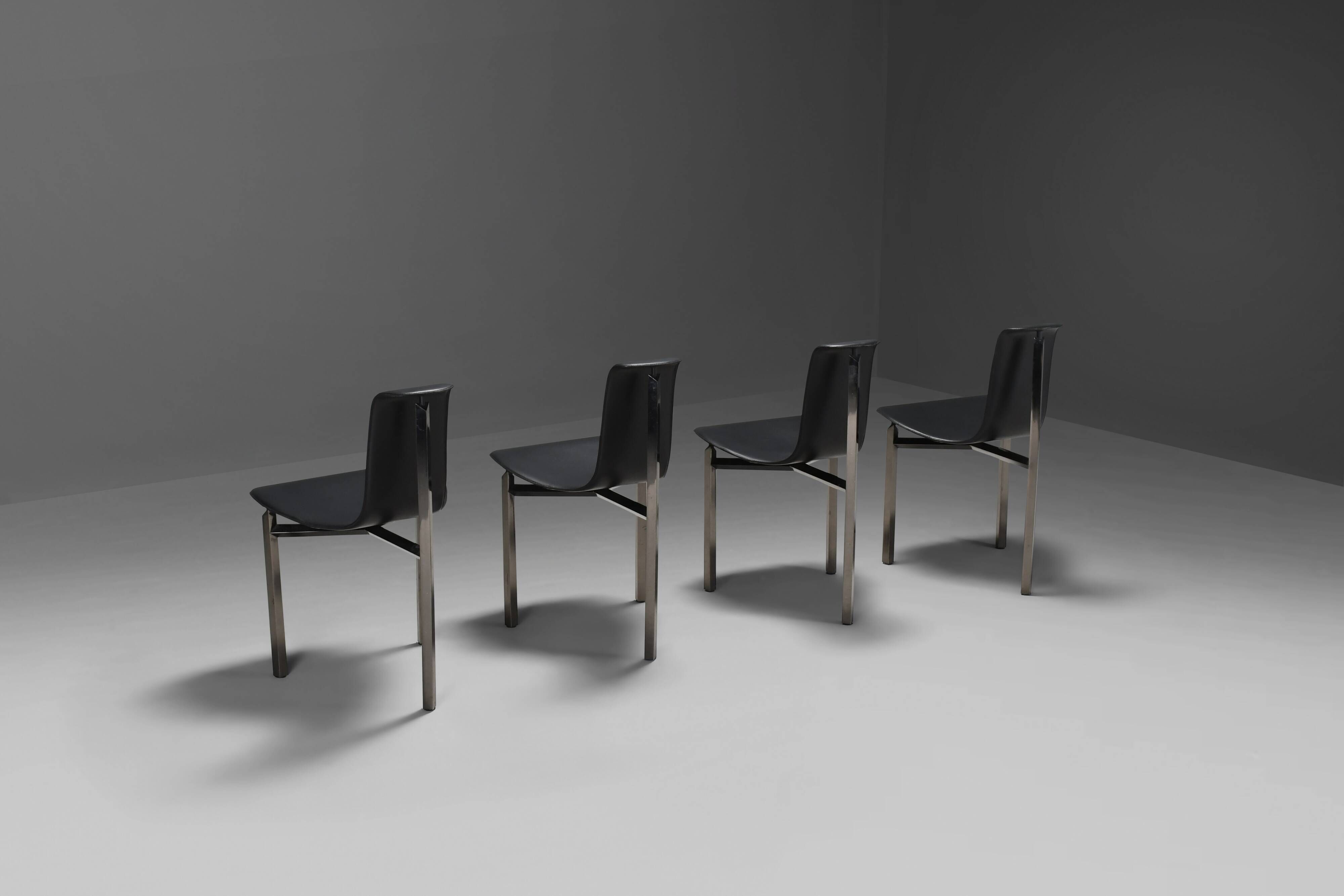 Leather Three-Legged Chairs with Chrome Finishes, Italy, 1970s