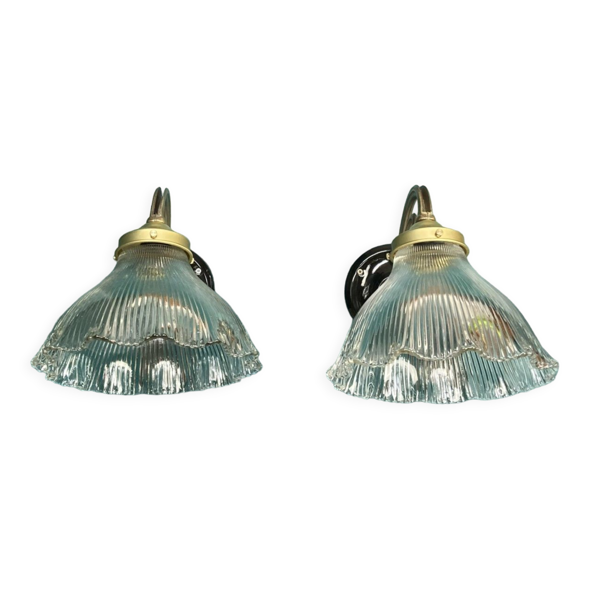Pair brass wall lamps and holophane glass tulips porcelain rosette