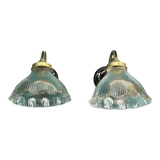 Pair brass wall lamps and holophane glass tulips porcelain rosette