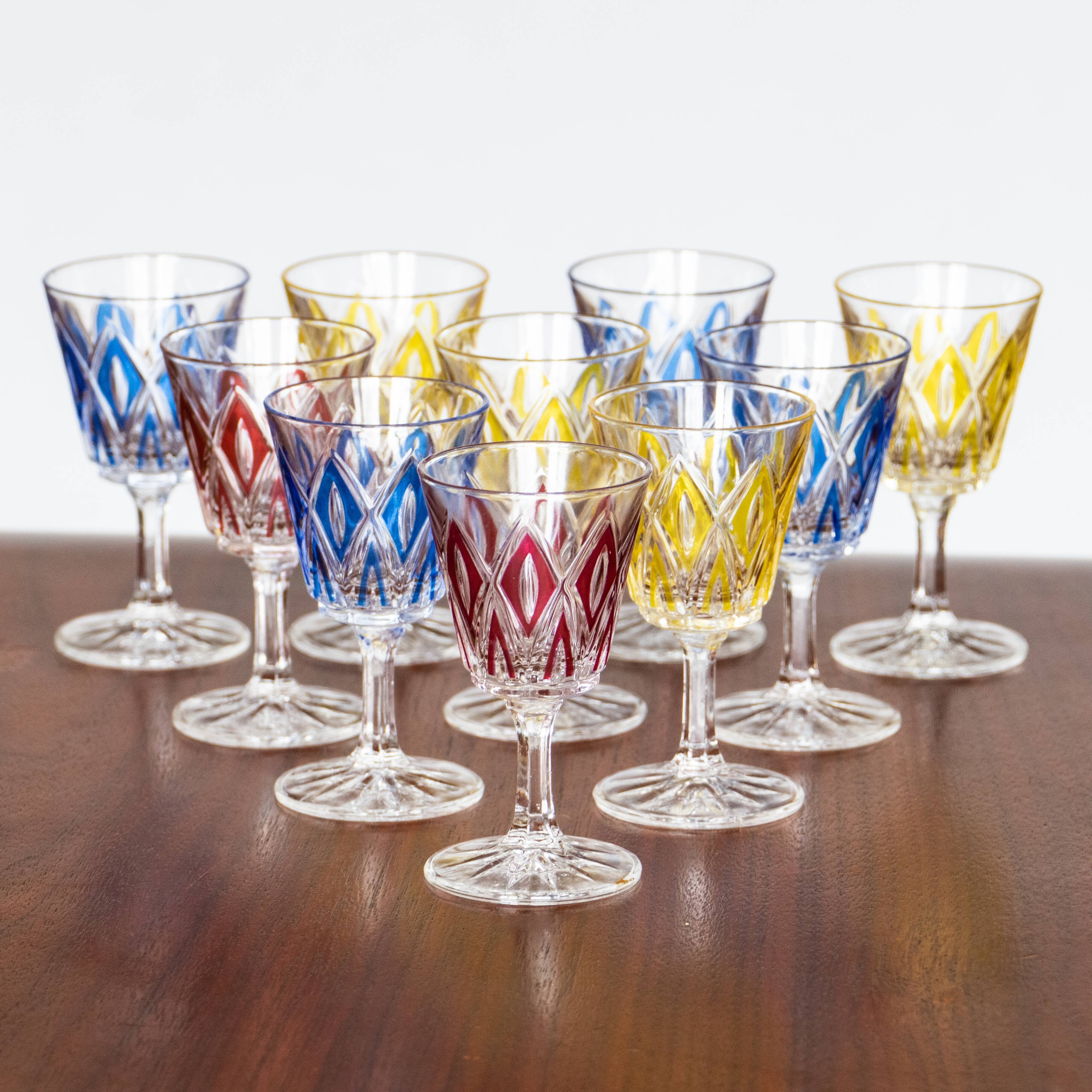 10 glasses with digestive Harlequin glassware of Reims multicolored