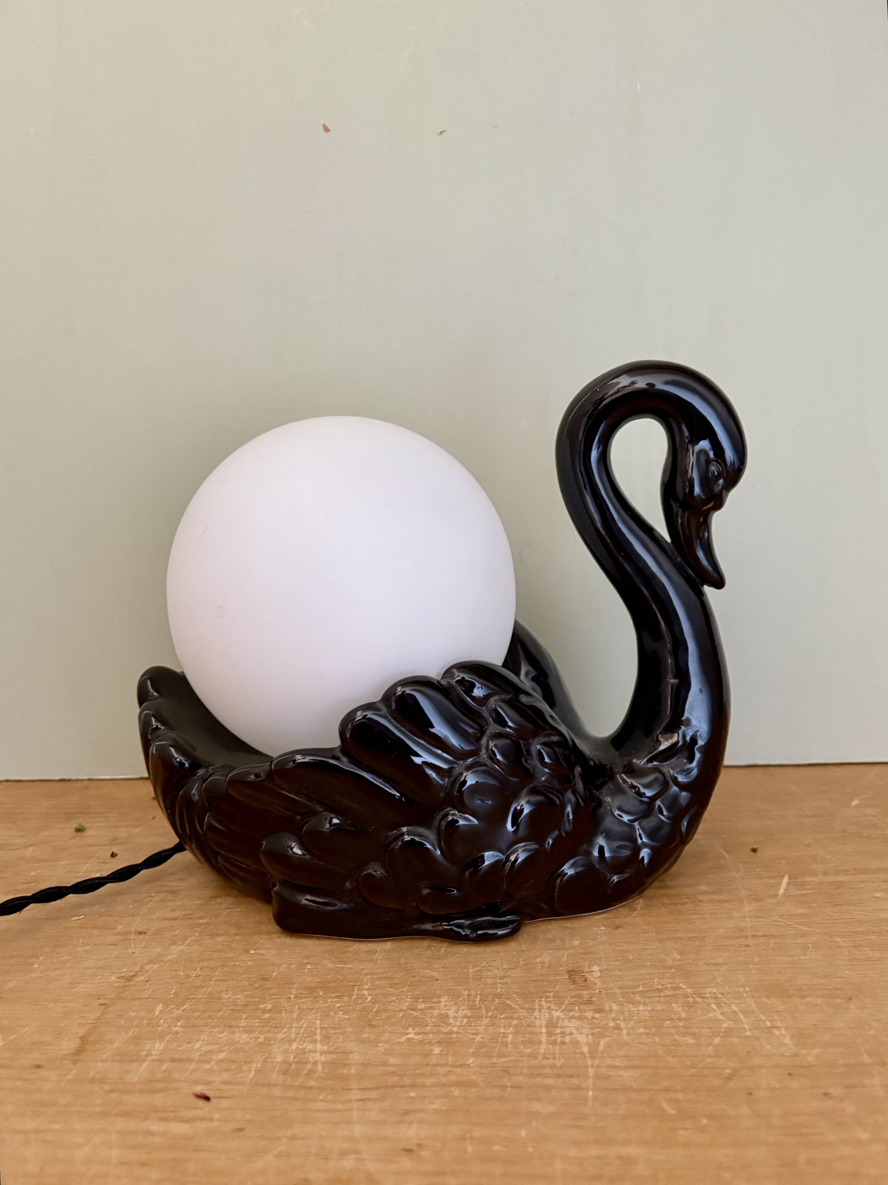 Vintage lamp, black ceramic swan and white opaline globe