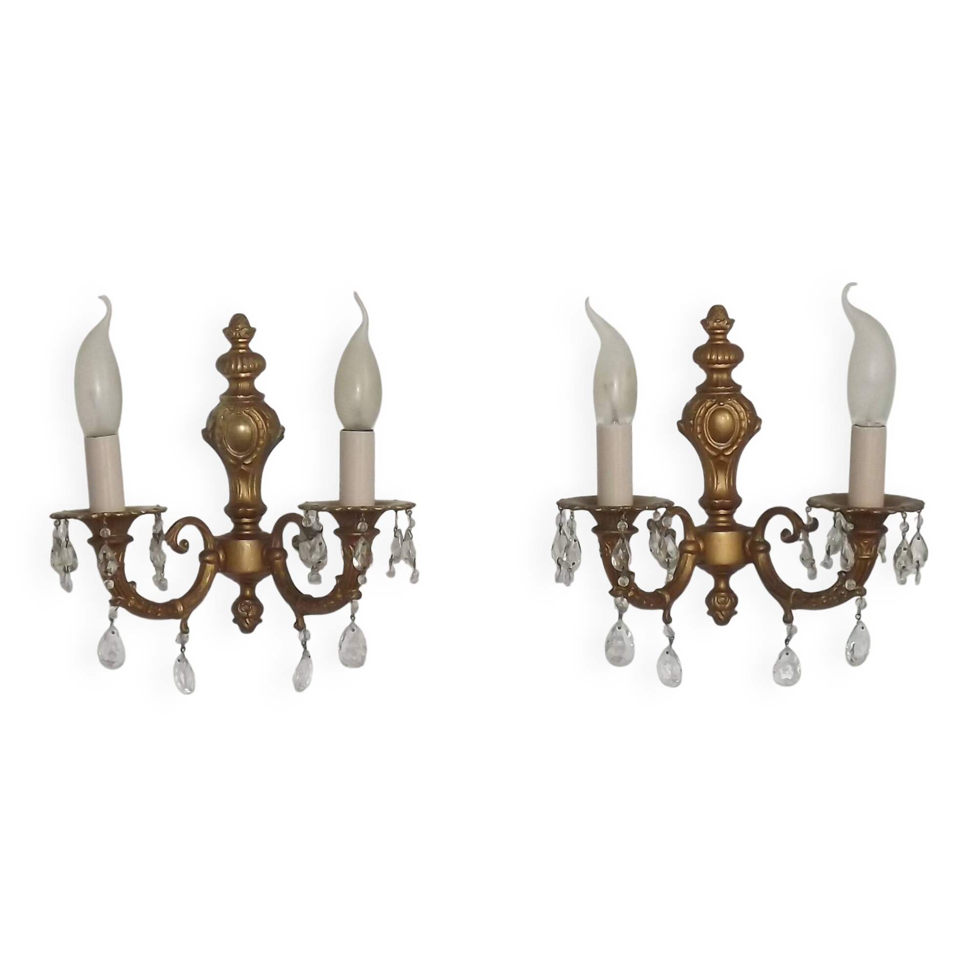 Pair French Vintage Bronze Double Wall Lights Assorted Crystal Drops 5352