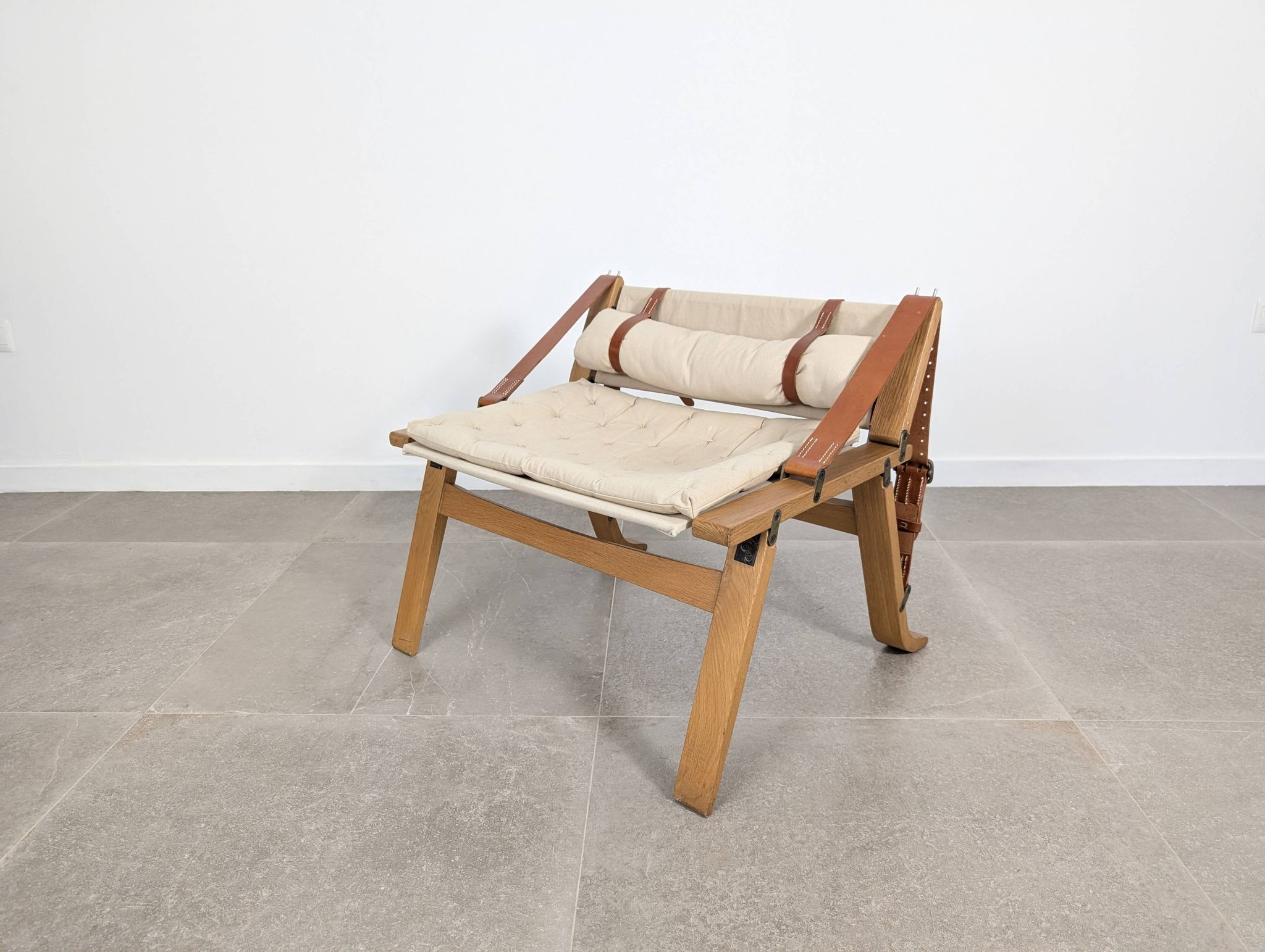 Danish Armchair with Canvas and Leather Straps, 20th Century