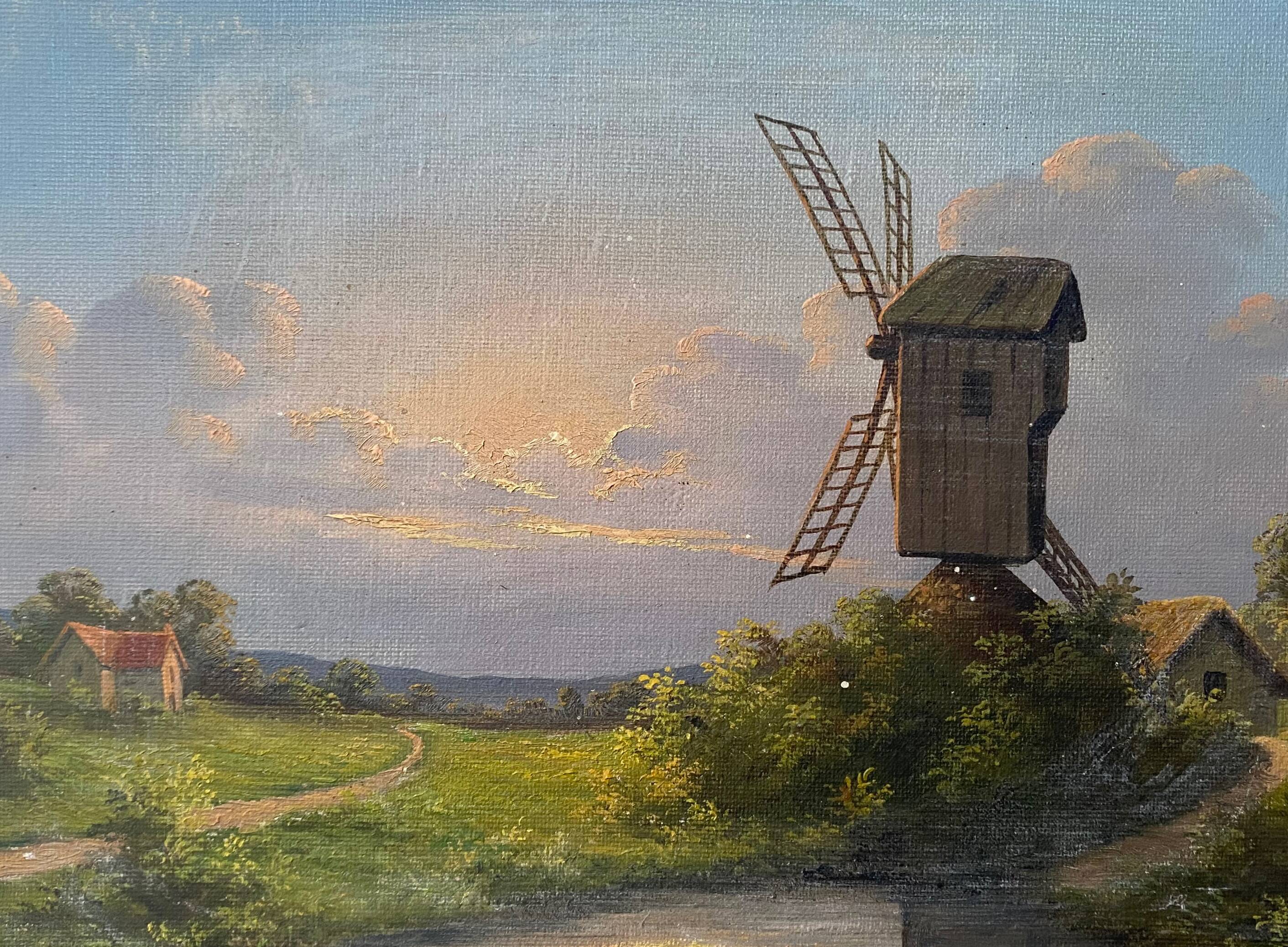 Old painting "Landscape at sunset" Mill HST signed Taerb