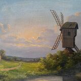 Old painting "Landscape at sunset" Mill HST signed Taerb