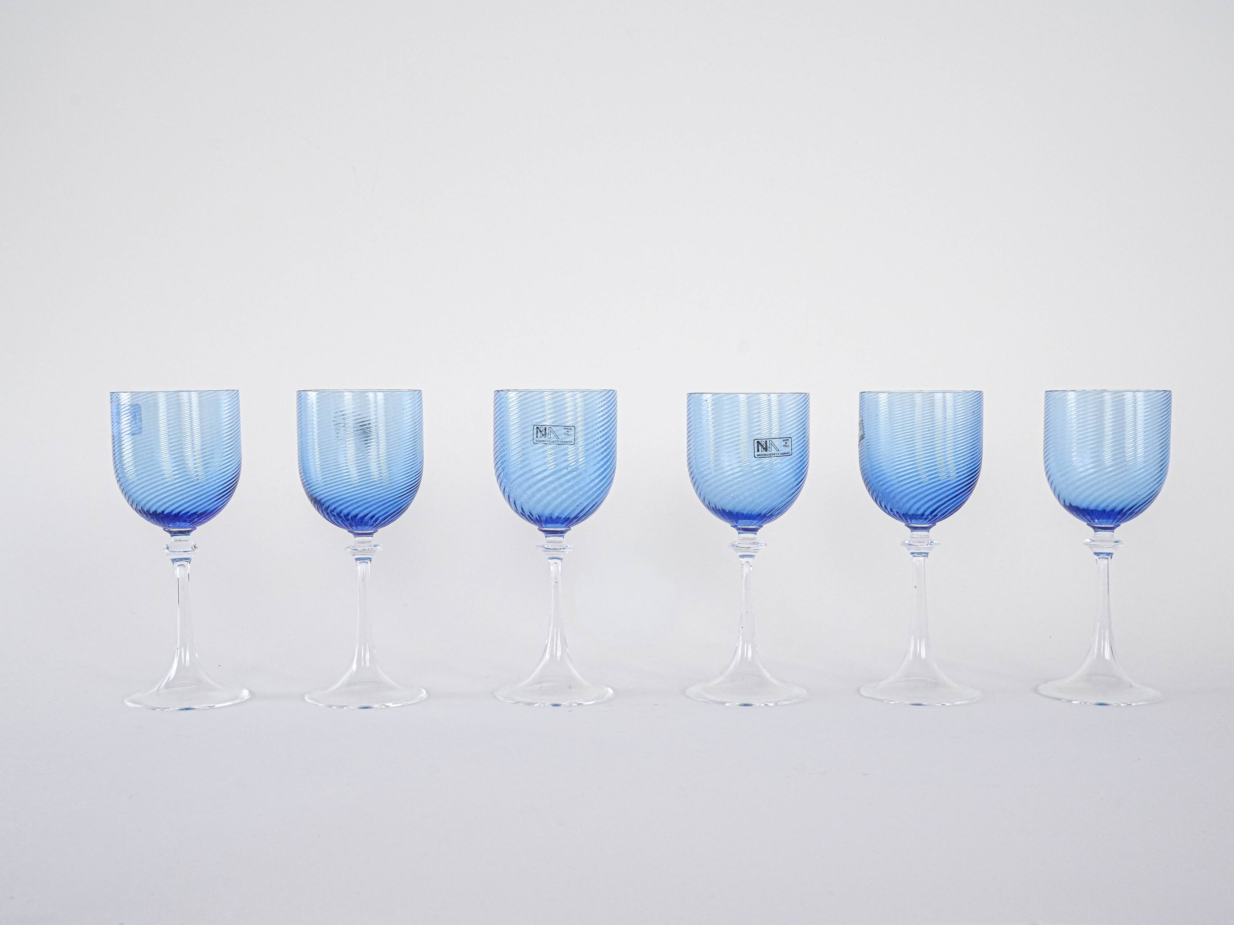 Set of blue glasses, Murano glass, Italian design, 1970s, made in Italy