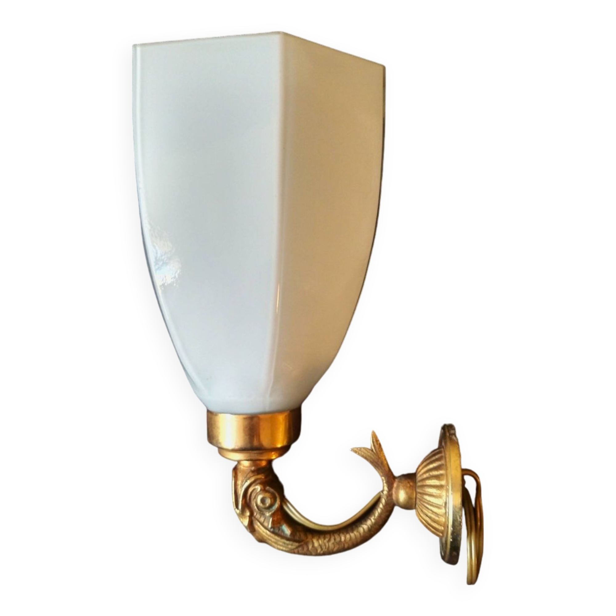 Golden brass wall light with glass tulip - dolphin pattern bathroom lamp