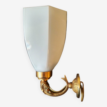 Golden brass wall light with glass tulip - dolphin pattern bathroom lamp