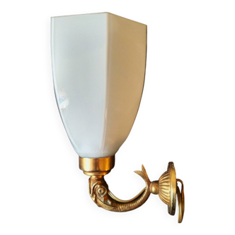 Golden brass wall light with glass tulip - dolphin pattern bathroom lamp