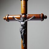 Antique wooden altar crucifix with a turned design and silver-plated Christ.