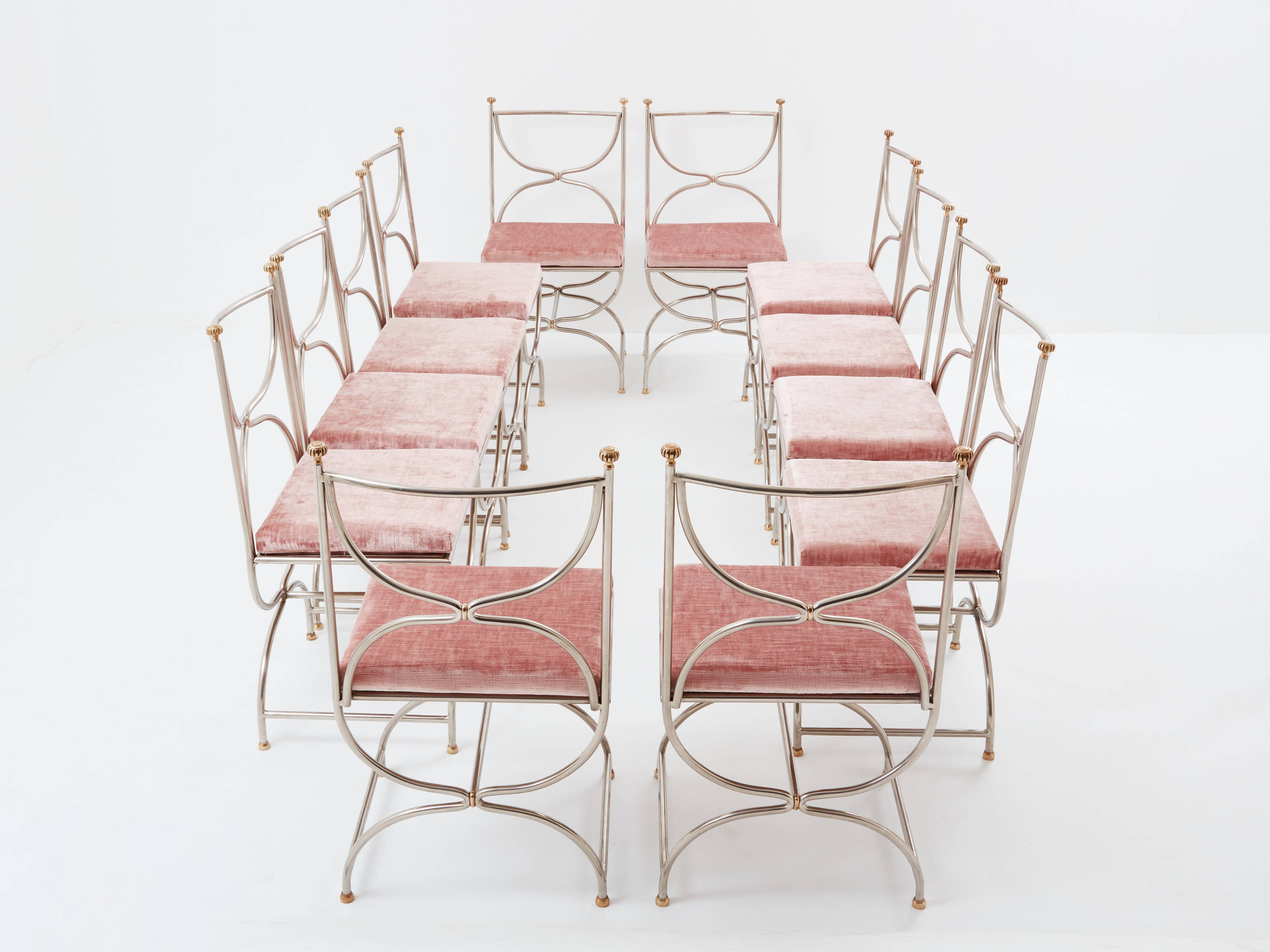 Maison Jansen rare set of 12 steel brass pink velvet chairs 1960