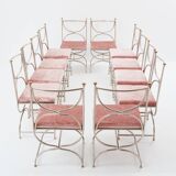 Maison Jansen rare set of 12 steel brass pink velvet chairs 1960