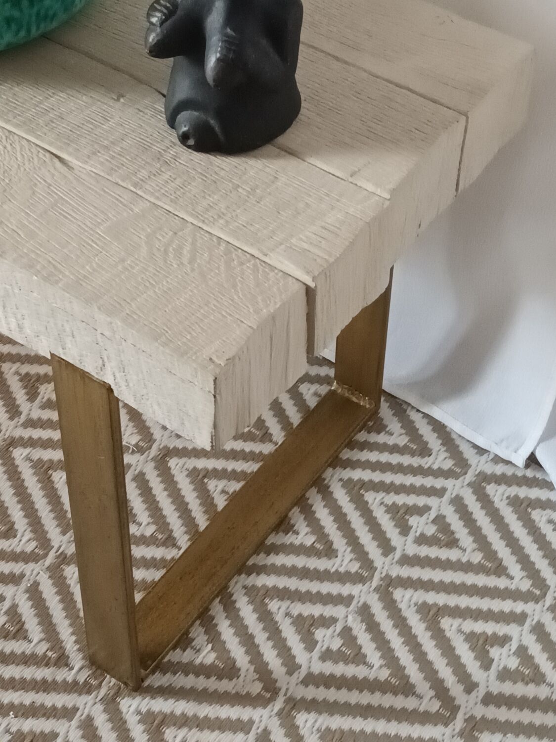 Chevron-patterned solid oak coffee table handmade.