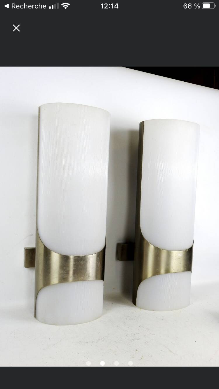 Brushed metal and ribbed opal plastic wall lights