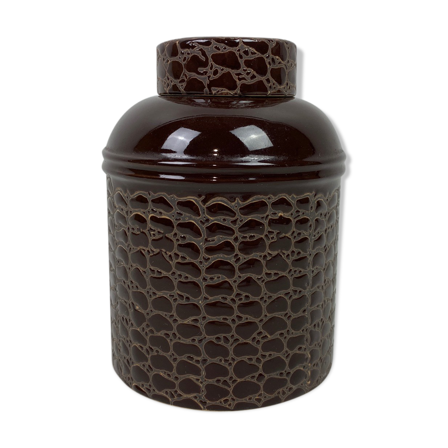 Vintage brown ceramic pot with lid